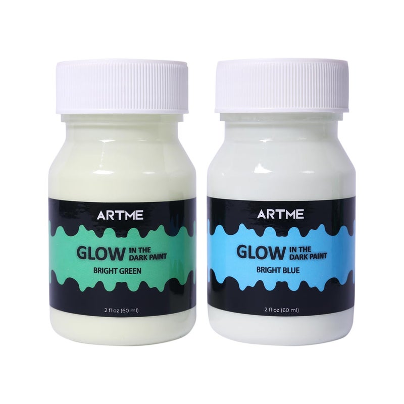 ARTME مجموعة الطلاء المتوهج Artme Glow in The Dark Paint من الألوان الخضراء والزرقاء (60 مل/2 أونصة لكل منهما) طلاء أكريليك متوهج مثالي للرسم الفني والمشروعات اليدوية لديكورات الهالوين والفنانين والطلاب البالغين - Image 2